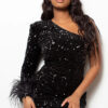 Summer Women's Sexy Tight Fitting Sequin Slash Shoulder Feather Sleeves Bodycon Dress