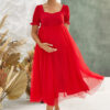 Summer Women's Square Neck Puff Sleeve Mesh Covered Maternity Dress