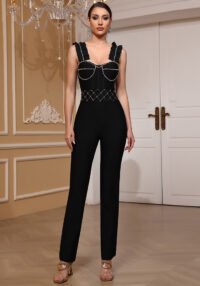 Sweetheart Neck Low Back Slim Fit Ruffle Rhinestone Sleeveless Party Bandage Jumpsuit