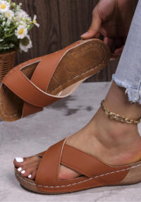 Thick Sole Women Plus Size Casual Slip-On Solid Color Cross Strap Wedge Sandals