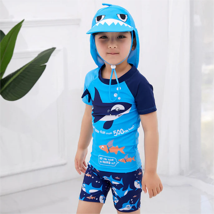Three Pieces Little Boy Swimwear Set Sharp Print Top & Shorts & Hat Wholesale 71072851