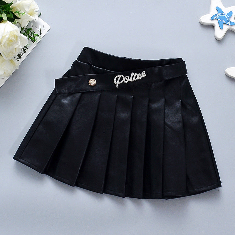 Toddler Girl Letter Black PU Pleated Skirt Wholesale 17165371