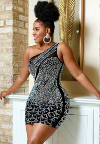 Trendy Nightclub Sexy Tight Fitting Beaded Slash Shoulder Women'S Club Dress