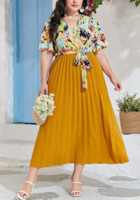 V-Neck Short Sleeve Print Dress Women's Spring Summer Style Slim Waist Slim Fit Pleated Long Dress