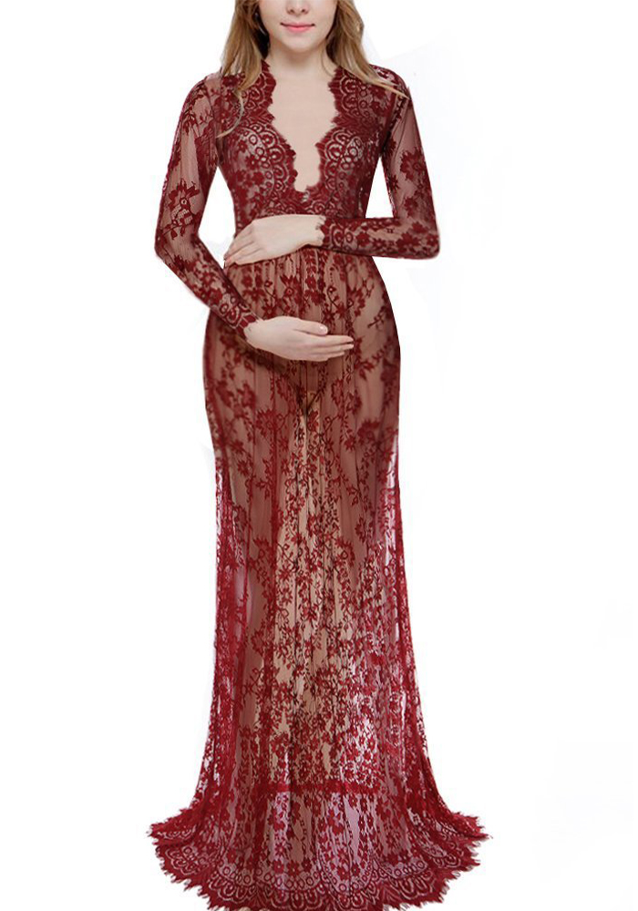 White Sexy Deep V-Neck Long-Sleeved Lace See-Through Tight Fitting Trailing Dress