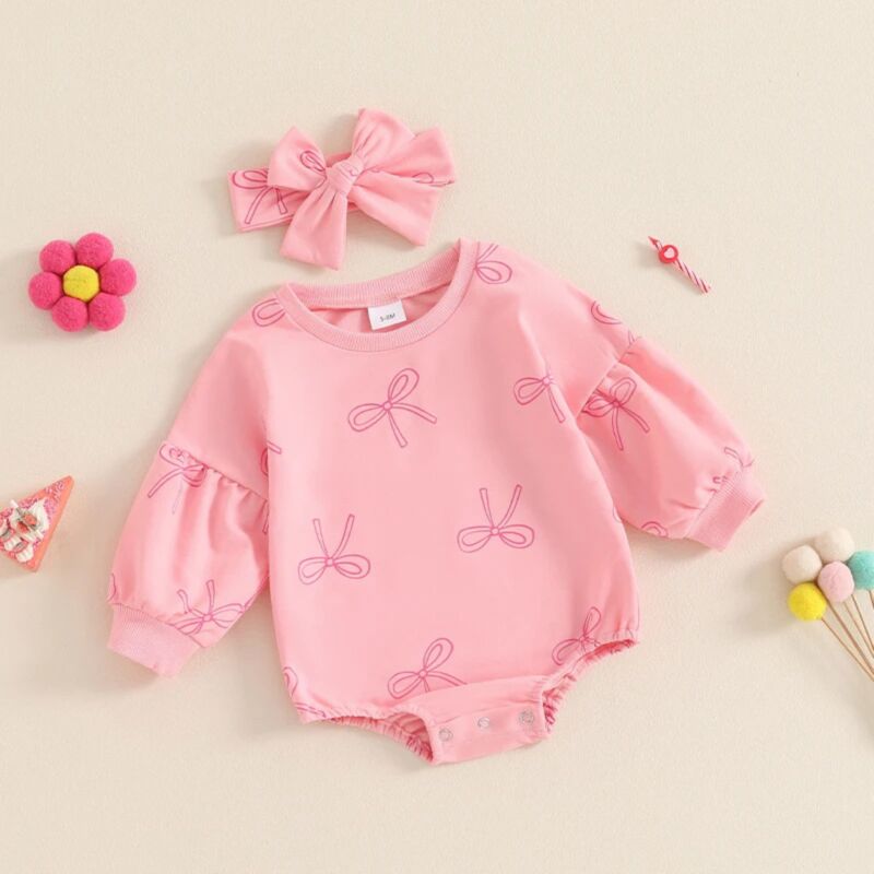 Wholesale 0-18M Baby Bow Print Long Bubble Sleeve Bodys