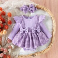 Wholesale 0-18M Baby Girls Long Sleeve Plaid Bow Dresse