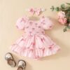 Wholesale 0-18M Baby Pink Bow Print Puff Sleeve Square