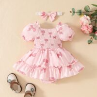 Wholesale 0-18M Baby Pink Bow Print Puff Sleeve Square