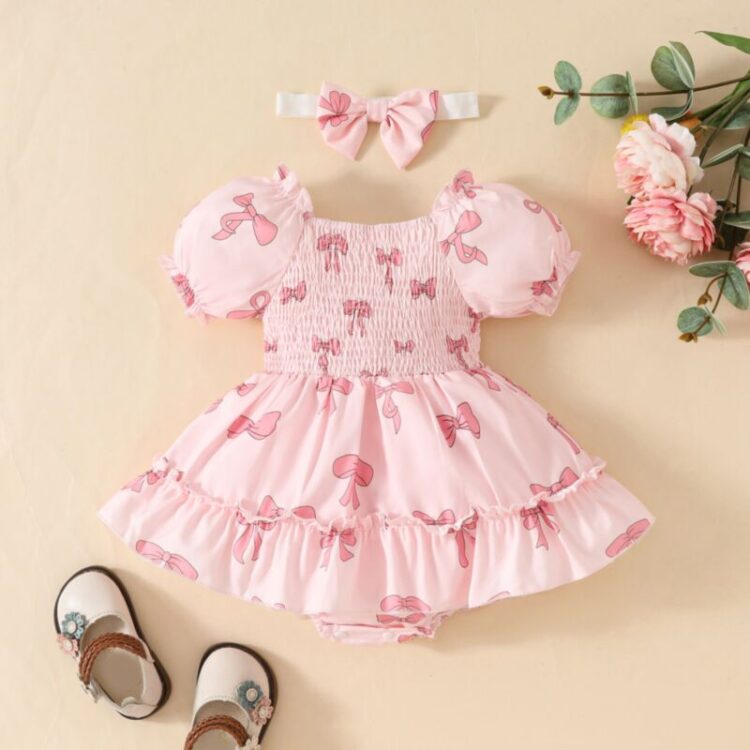 Wholesale 0-18M Baby Pink Bow Print Puff Sleeve Square