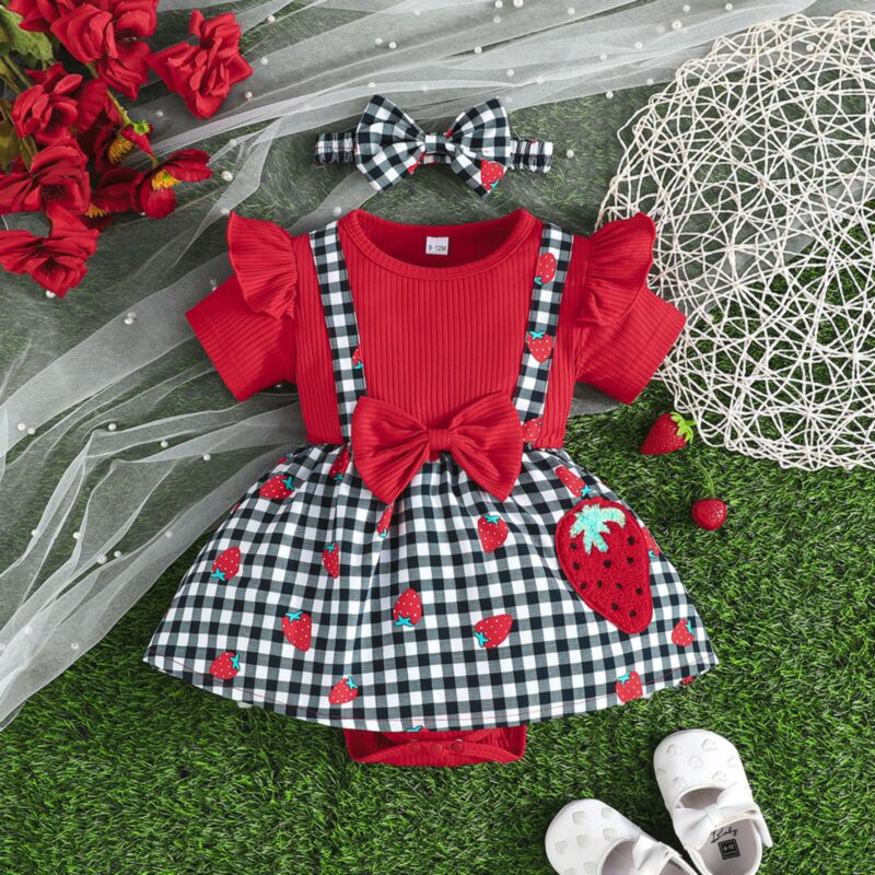 Wholesale 0-18M Baby Plaid Strawberry Pattern Bodysuit