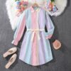 Wholesale 12-14Y Big Girls Long Sleeve Button Striped M