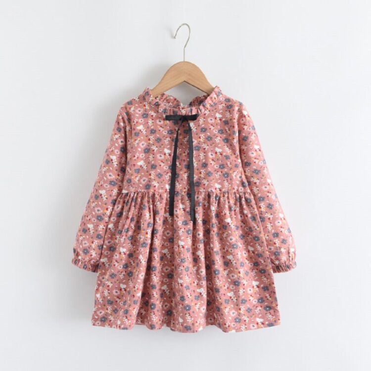 Wholesale 18M-8Y Kids Girls Floral Long Sleeve Bow Dres