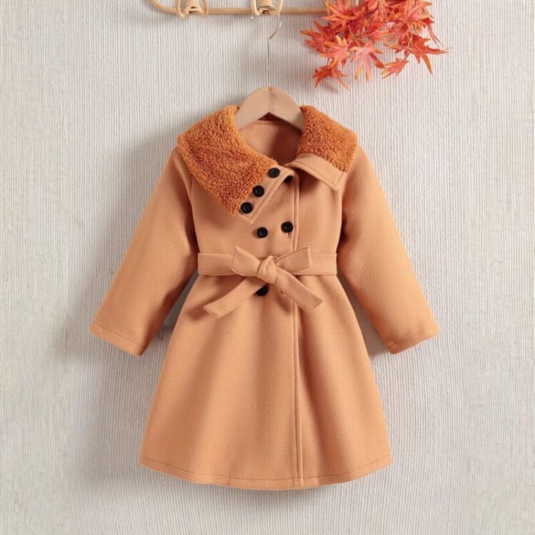 Wholesale 18M-8Y Kids Girls Furry Lapel Wool Trench Coa