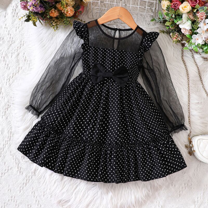 Wholesale 2-6Y Toddler Girls Black Polka Dots Long Slee