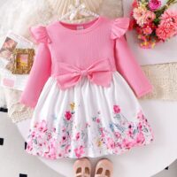 Wholesale 2-7Y Toddler Girls Bow Long Sleeve Floral Dre