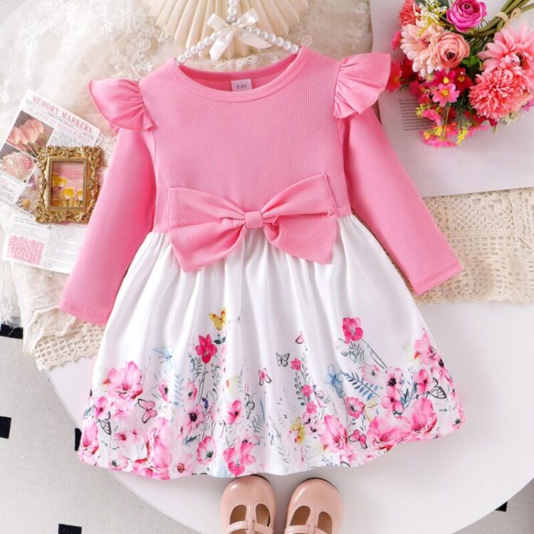 Wholesale 2-7Y Toddler Girls Bow Long Sleeve Floral Dre