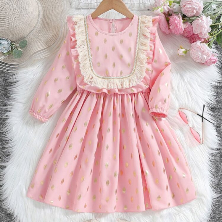 Wholesale 3-10Y Kids Girls Vintage Tassel Long Sleeve D