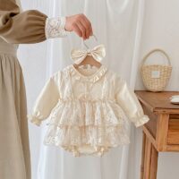 Wholesale 3-18M Baby Girls Lace Trim Long Sleeve Bodysu