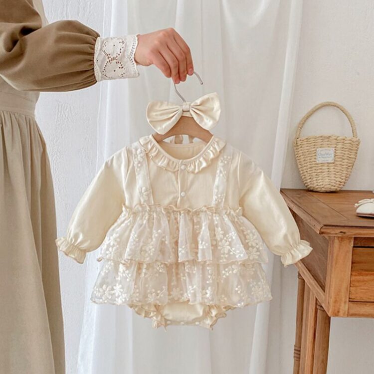 Wholesale 3-18M Baby Girls Lace Trim Long Sleeve Bodysu