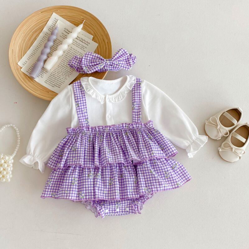 Wholesale 3-18M Baby Girls Plaid Ruffled Long Sleeve Bo