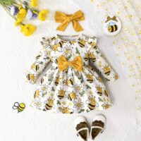 Wholesale 3-24M Baby Girls Bee Print Yellow Dresses Wit