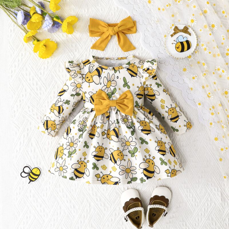Wholesale 3-24M Baby Girls Bee Print Yellow Dresses Wit