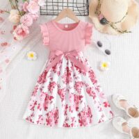 Wholesale 3-7Y Floral Floral Round Neck Flying Sleeves