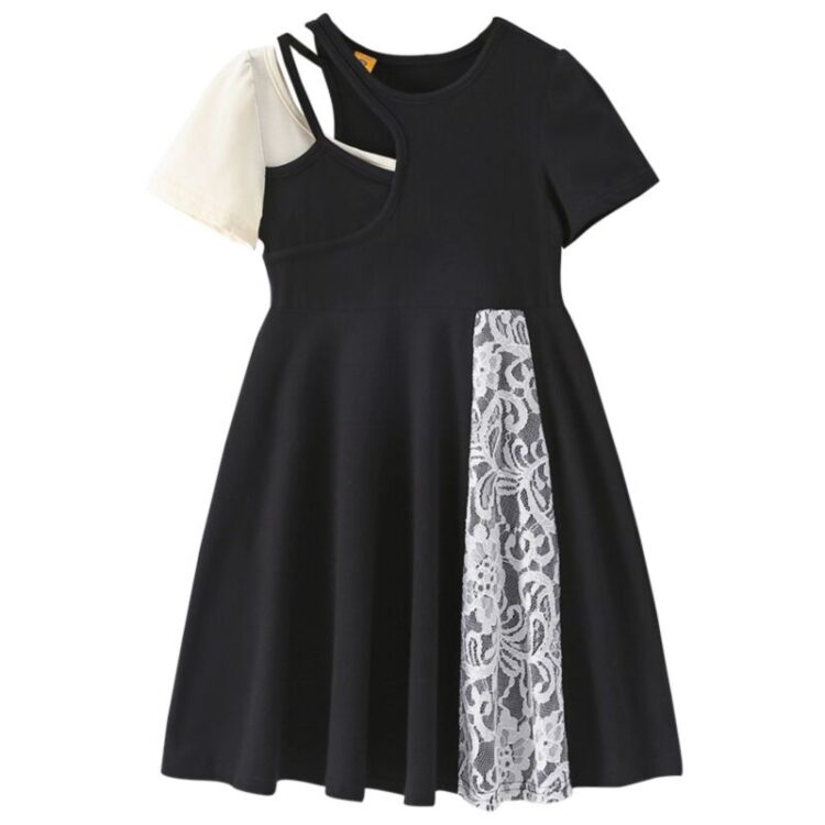 Wholesale 3-9Y Kids Girls Short-Sleeve Lace Stitching D