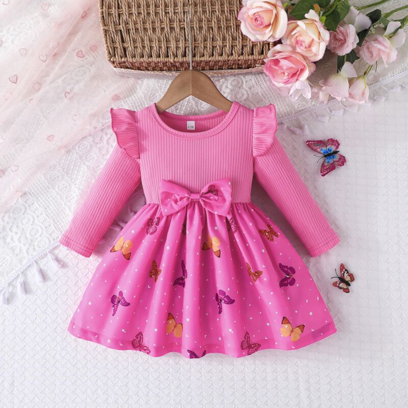 Wholesale 3M-3Y Baby Girls Pink Butterfly Sleeves Ruffl