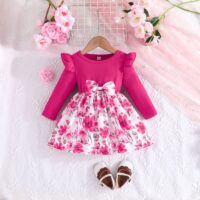 Wholesale 3M-3Y Baby Girls Pink Floral Bow Casual Dress