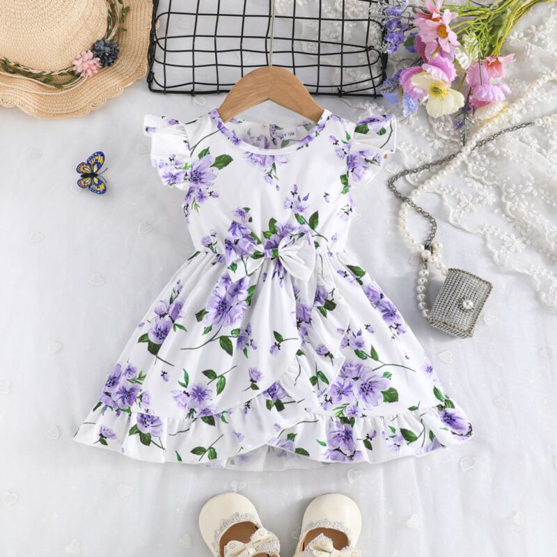 Wholesale 3M-3Y Baby Short Sleeve Pleated Dress Bow Cas
