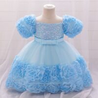Wholesale 4-8Y Kids Girls Bow Puff Sleeve Sequins Mesh