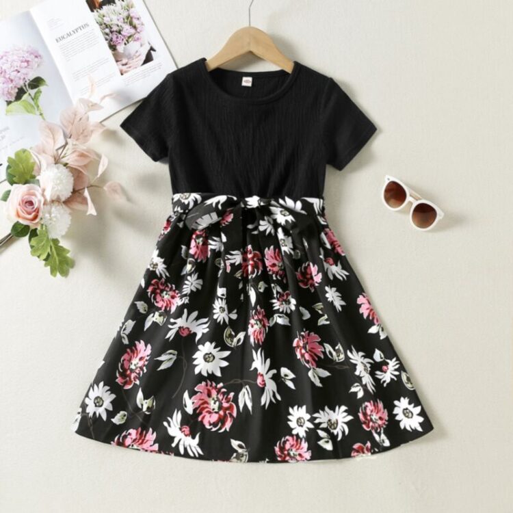 Wholesale 4-9Y Kids Girls Floral Short-Sleeve Belted Dr