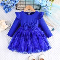 Wholesale 6M-3Y Baby Girls Blue Lace Mesh Bow Long Slee