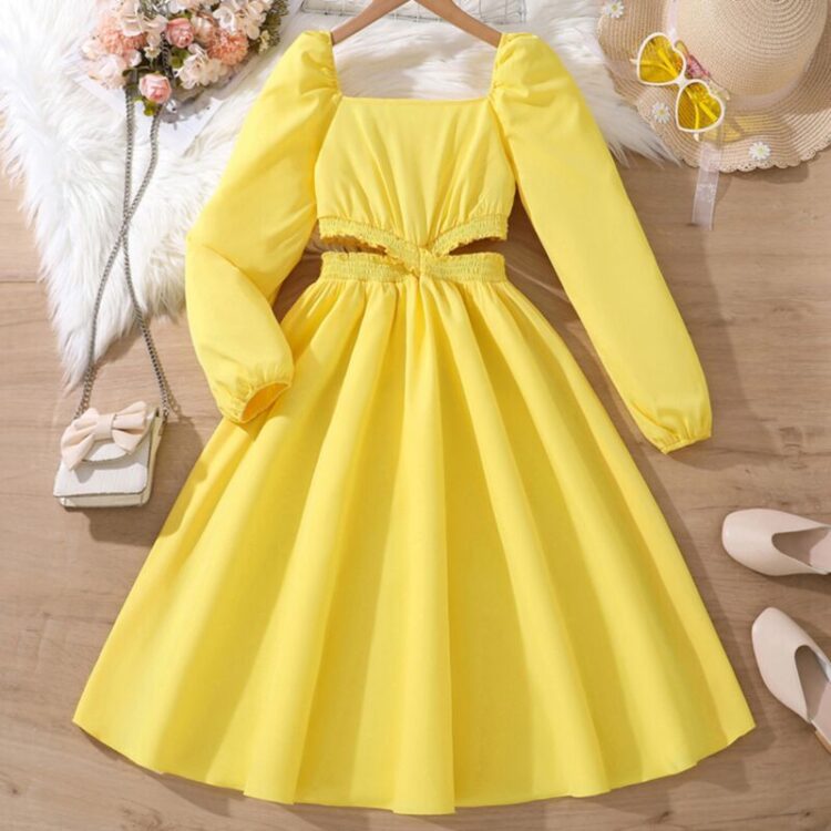 Wholesale 7-11Y Big Kids Girls Yellow Off-Shoulder Cut 