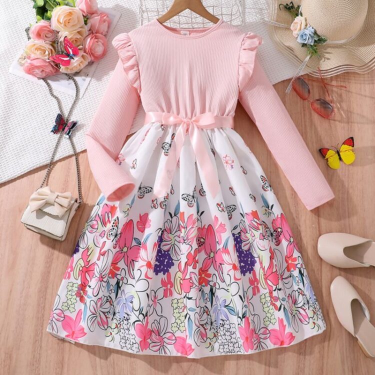 Wholesale 7-12Y Big Girls Long-Sleeved Ribbed Butterfly