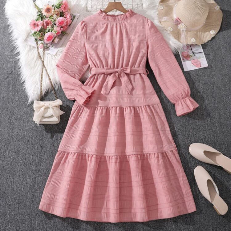Wholesale 7-12Y Big Girls Ruffle Hem Long Sleeve Textur