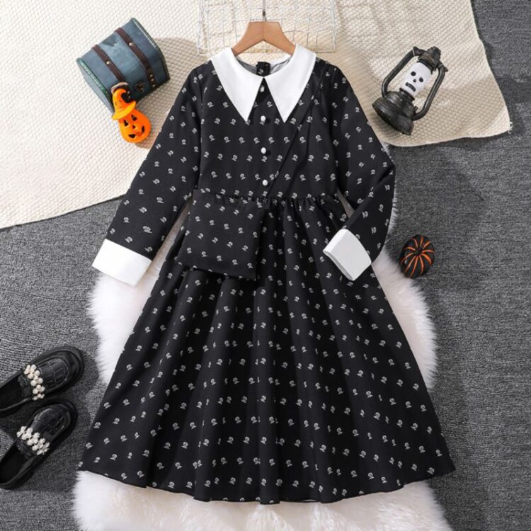 Wholesale 7-12Y Big Kids Girls Black Printed Long-Sleev