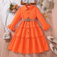 Wholesale 7-12Y Kids Girls Long Sleeve Lapel Shirt Dres