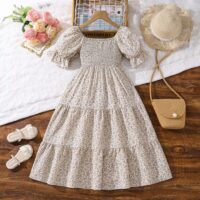 Wholesale 7-12Y Kids Girls Puff Sleeve Floral Smocked P