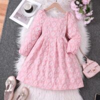 Wholesale 7-14Y Kids Girls Pink Square Collar Long Slee