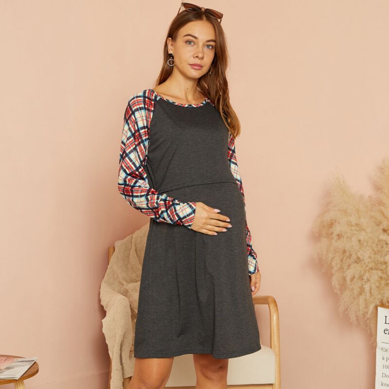 Wholesale Plaid Long Sleeve Crew Neck Maternity And Nur