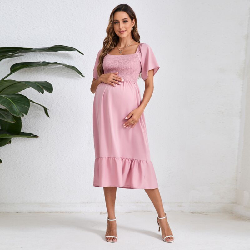 Wholesale Solid Color Chiffon Short Sleeve Maternity Dr