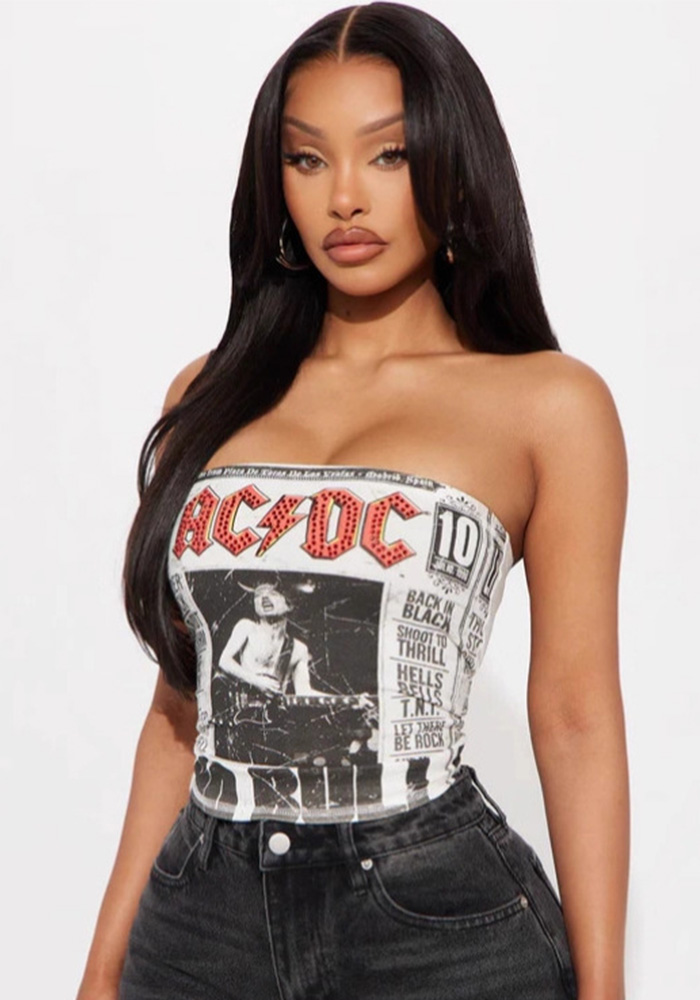 Women American Style Letter Print Strapless Crop Top
