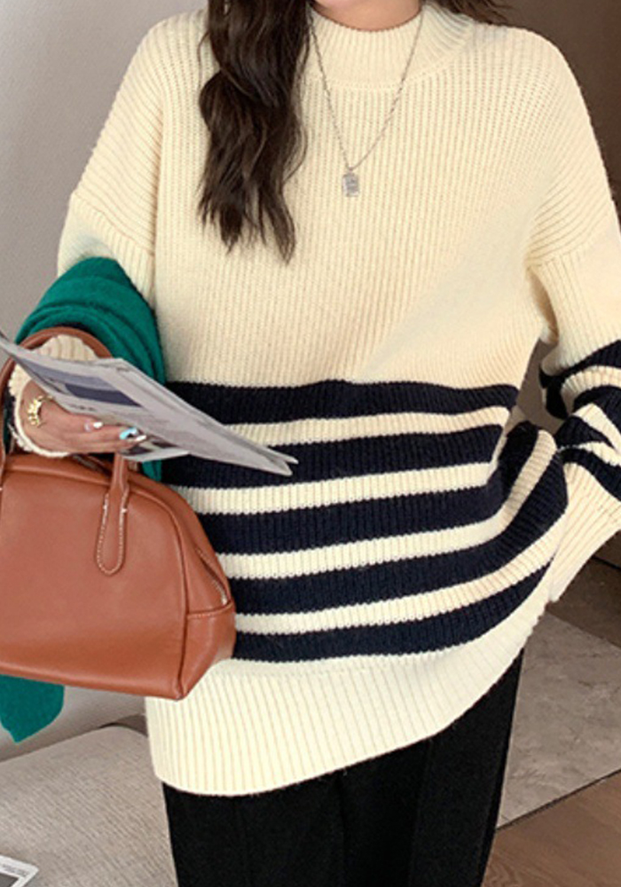 Women Autumn and Winter Retro Half-high Neck Striped Sweater
