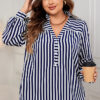 Women autumn polo collar blue and white striped shirt Top
