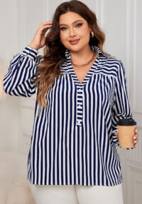 Women autumn polo collar blue and white striped shirt Top