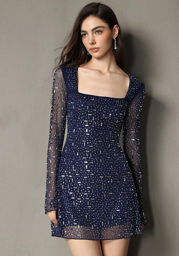 Women autumn/winter mesh beaded bodycon dress for an elegant ball gown