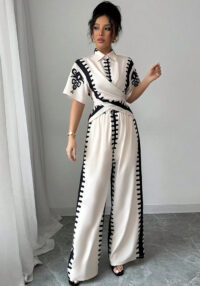 Women Autumn/Winter Printed Lace-Up Top and Pant Two-Piece Set